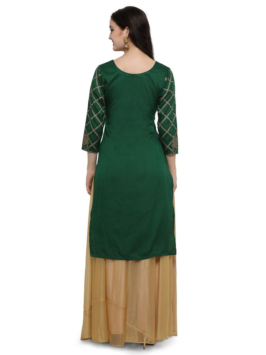 Ahalyaa Women's Green Poly Silk Gold Foil Print Kurta | Swadesiicart