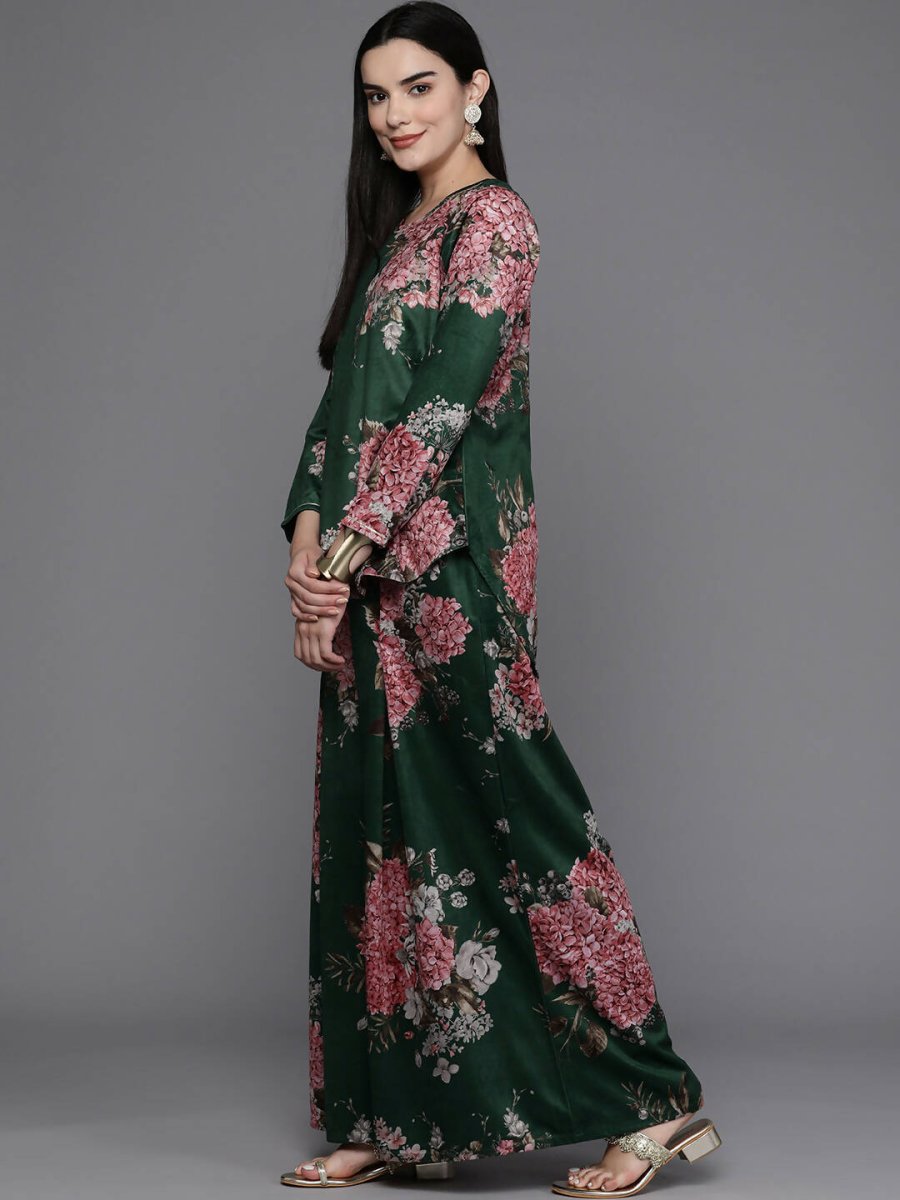 Ahalyaa Women Floral Printed Velvet Tunic with Palazzos - Green Color | Swadesiicart