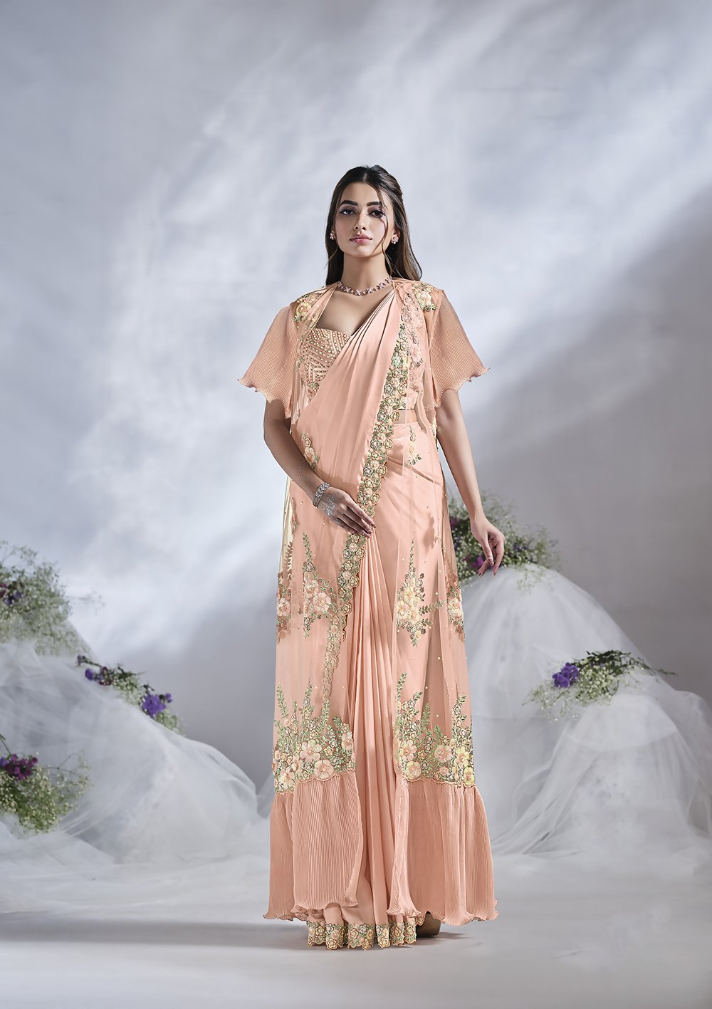 Peach Crepe Satin Silk Designer Ready to wear saree with stithced Blouse - Mohmanthan Aura | Swadesiicart