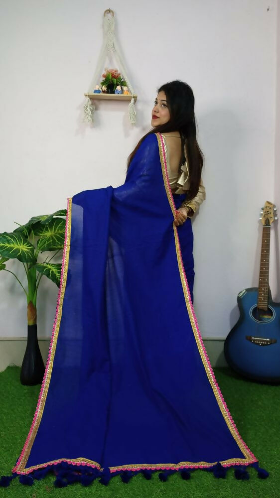 Exclusive Collection Beautiful Khadi Cotton Handloom Saree With Beautiful Zari Border - Royal Blue - Swadesiicart