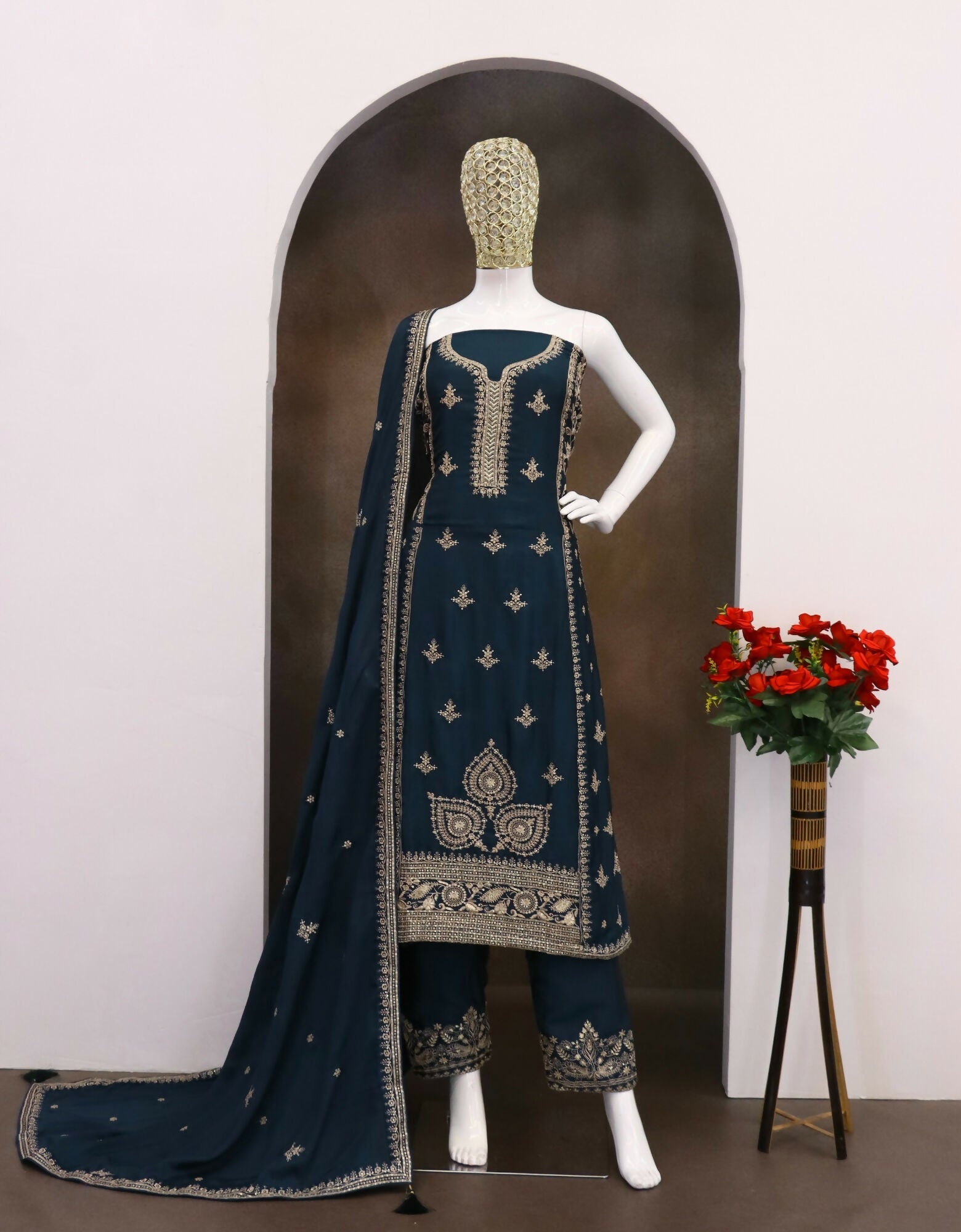 Anaita Teal Green Chinon Silk Stitched Suit with Embroidery & Sequence Work