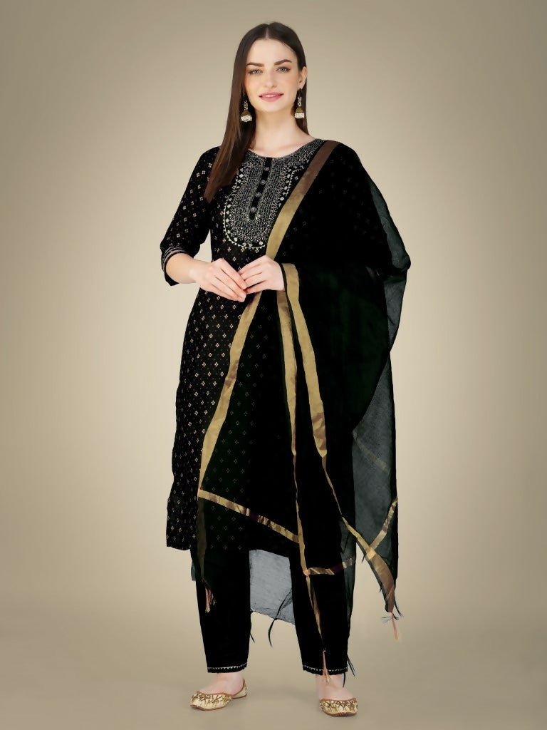 Jyoti Fashion Women's Black Cotton Magic Slub Embroidery & Sequence work Kurta with Trouser & Dupatta | Swadesiicart