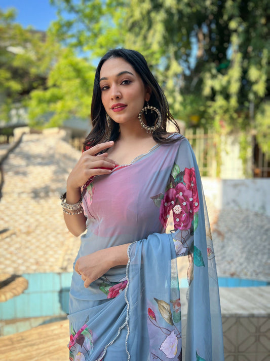 Vamsee Sneh-Khatali Grey Georgette Saree - Swadesiicart