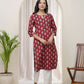 Vaasva Women Maroon Cotton Printed Straight Kurti With Pant | Swadesiicart