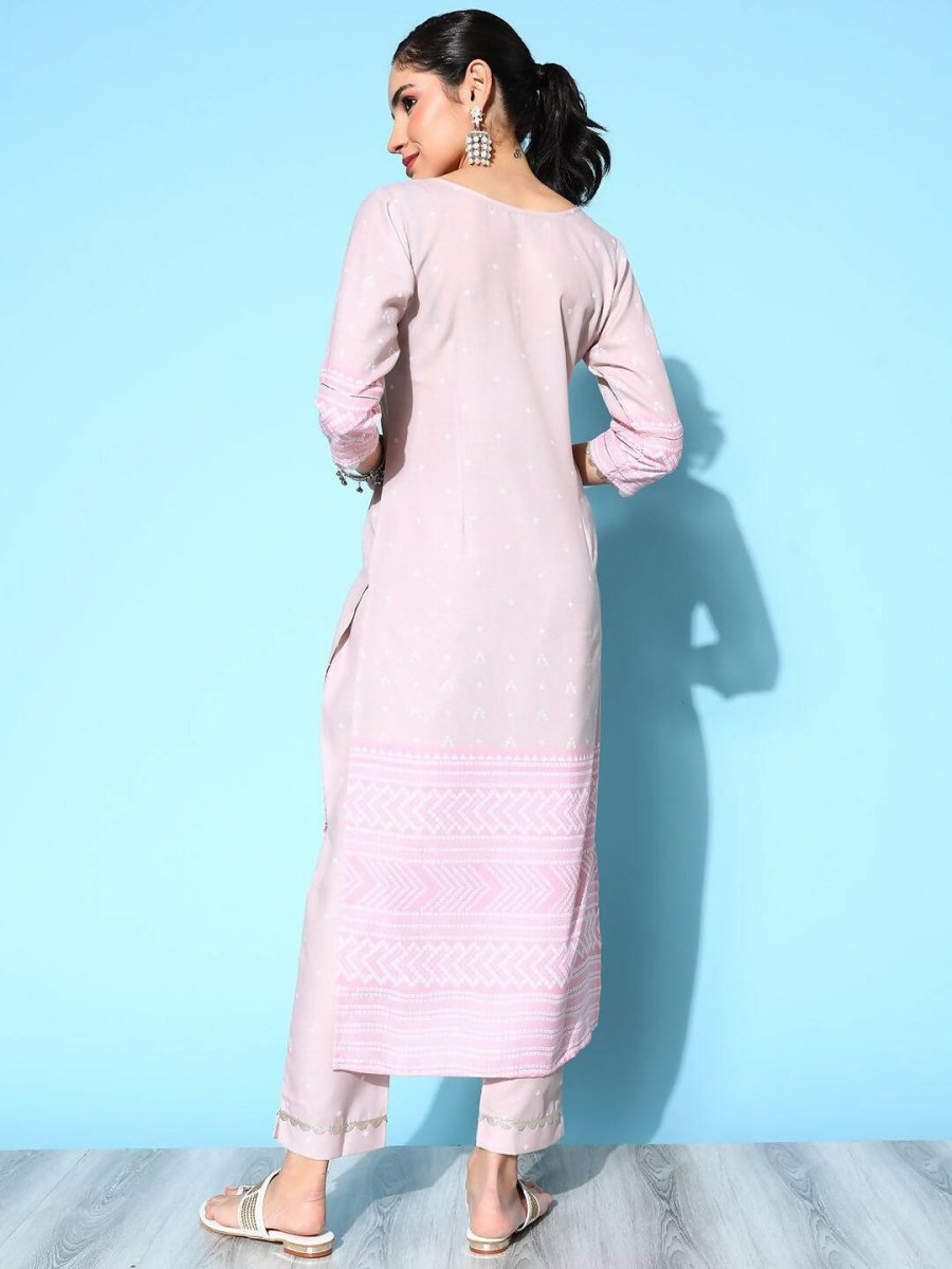 Ahalyaa Women's Beige Cotton Blend Printed Kurta Pant Set | Swadesiicart
