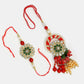 NVR Women & Men Set of 2 Red & Gold Toned Stone-Studded & Beaded Bhaiya Bhabhi Rakhi With Roli Chawal & Chocolate | Swadesiicart
