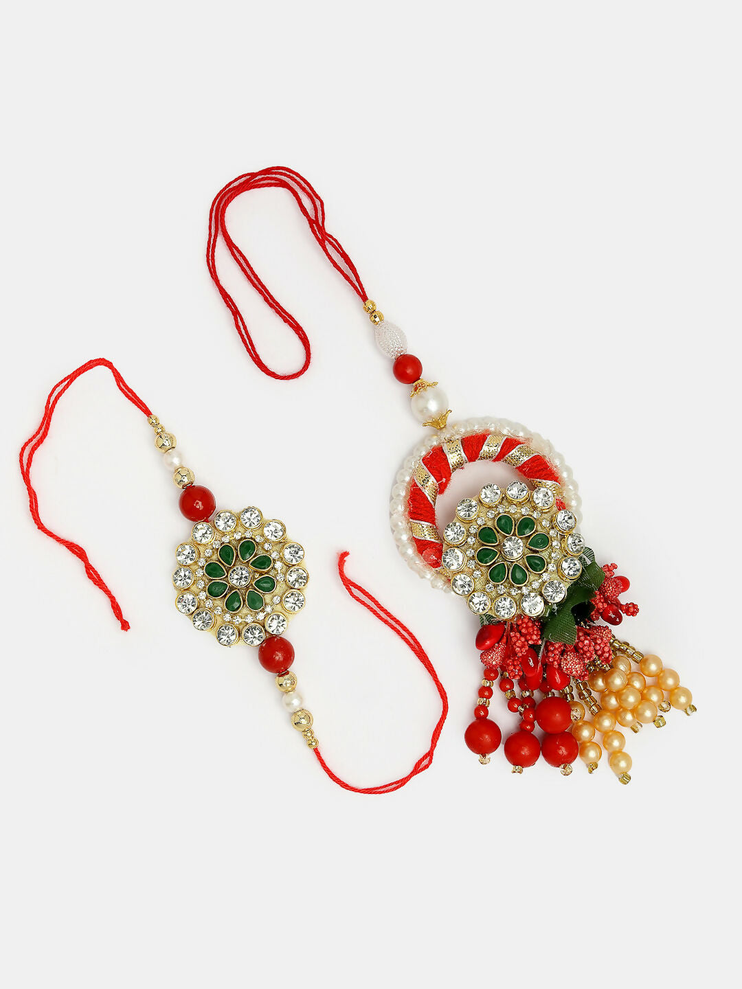 NVR Women & Men Set of 2 Red & Gold Toned Stone-Studded & Beaded Bhaiya Bhabhi Rakhi With Roli Chawal & Chocolate | Swadesiicart
