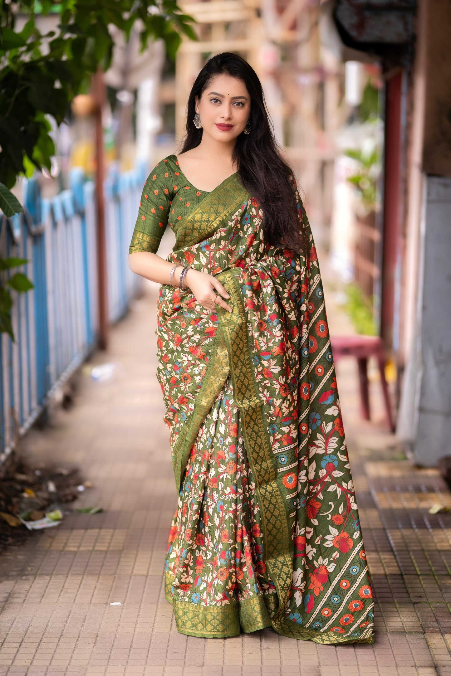 Mehndi Slub Silk Printed Saree with Unstitched Blouse - Hiral Fashion | Swadesiicart