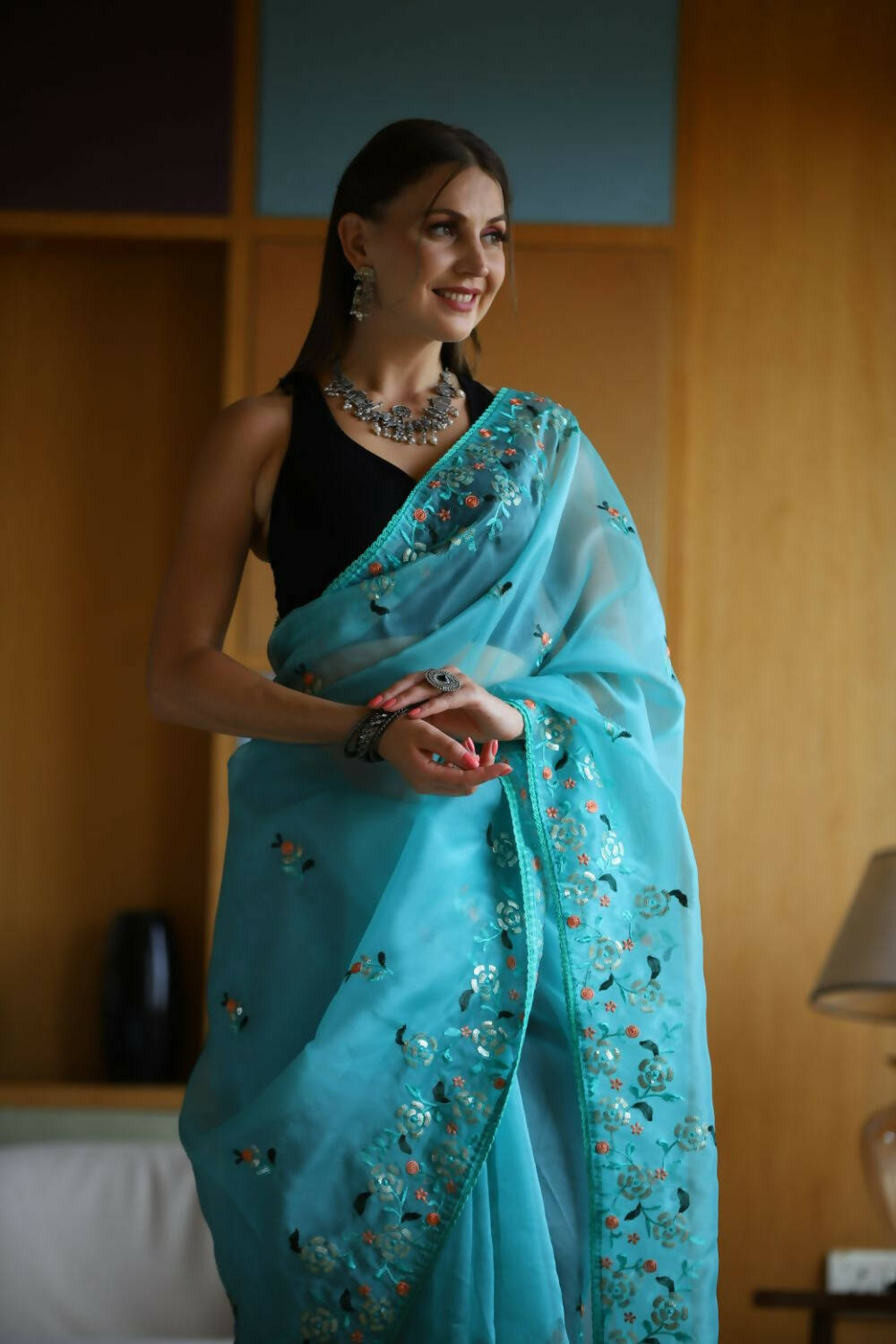 Vamsee Sky Organza Saree - Swadesiicart