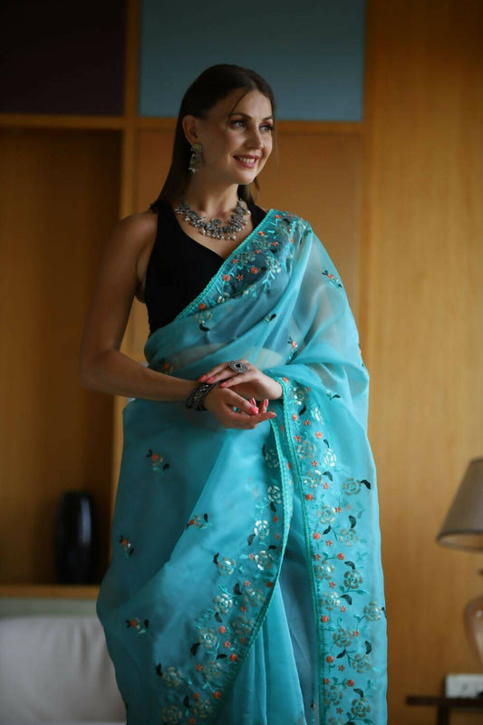 Vamsee Sky Organza Saree - Swadesiicart