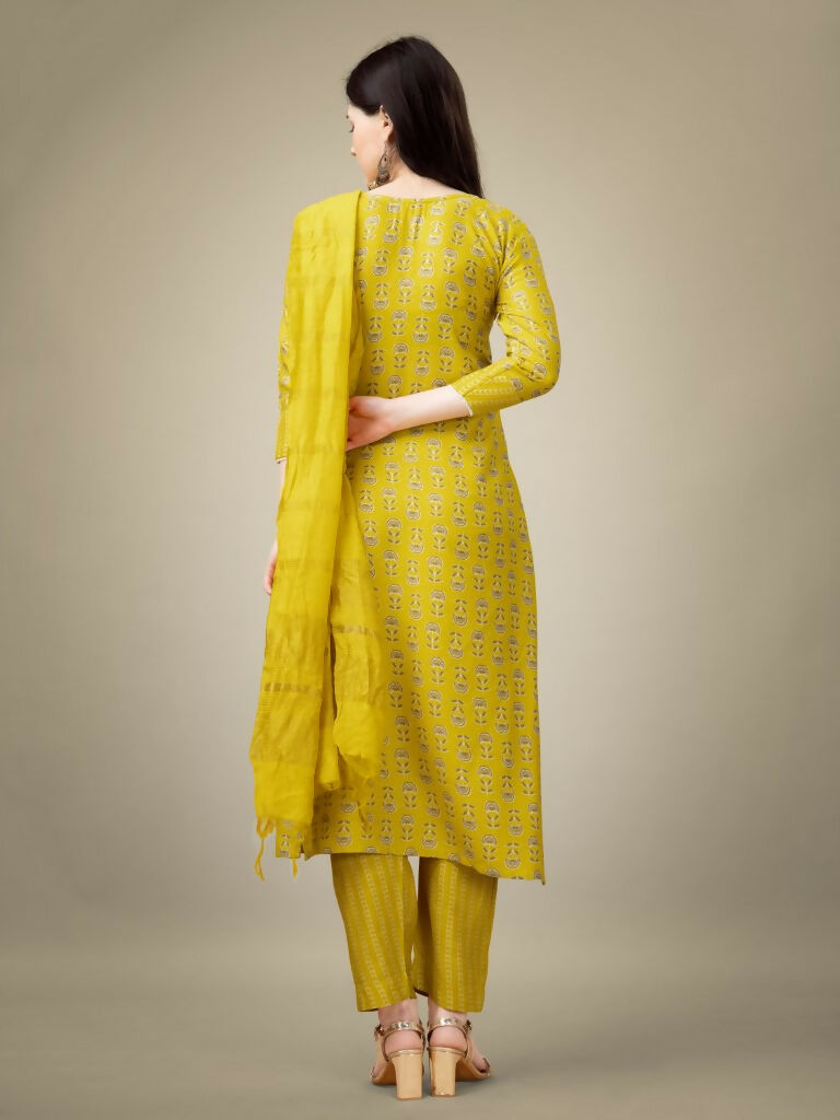 Jyoti Fashion Women's Yellow Rayon Embroidery & Sequence work Kurta with Trouser & Dupatta | Swadesiicart