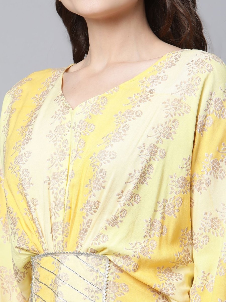 Ahalyaa Women Yellow Rayon Printed Flared Sleeve Kaftan Kurta | Swadesiicart