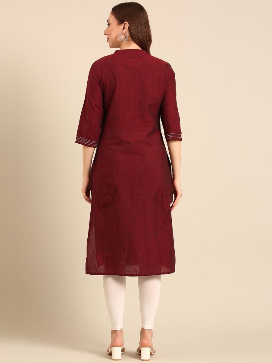 Anouk Notched Neck Thread Work Pure Cotton Straight Kurta - Swadesiicart