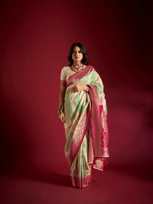 Joban Fashion Cream & Sea Green Plain With Weaving Border Banarasi Silk Sarees | Swadesiicart
