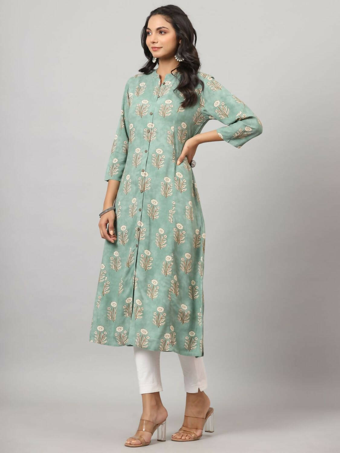 Juniper Women's Green Printed A-Line Kurta | Swadesiicart