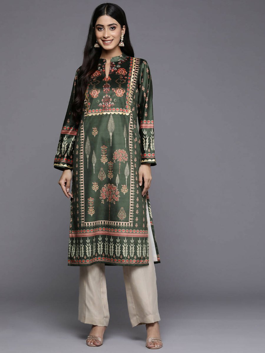 Ahalyaa Women Green & Pink Ethnic Motifs Printed Gotta Patti Velvet Kurta | Swadesiicart
