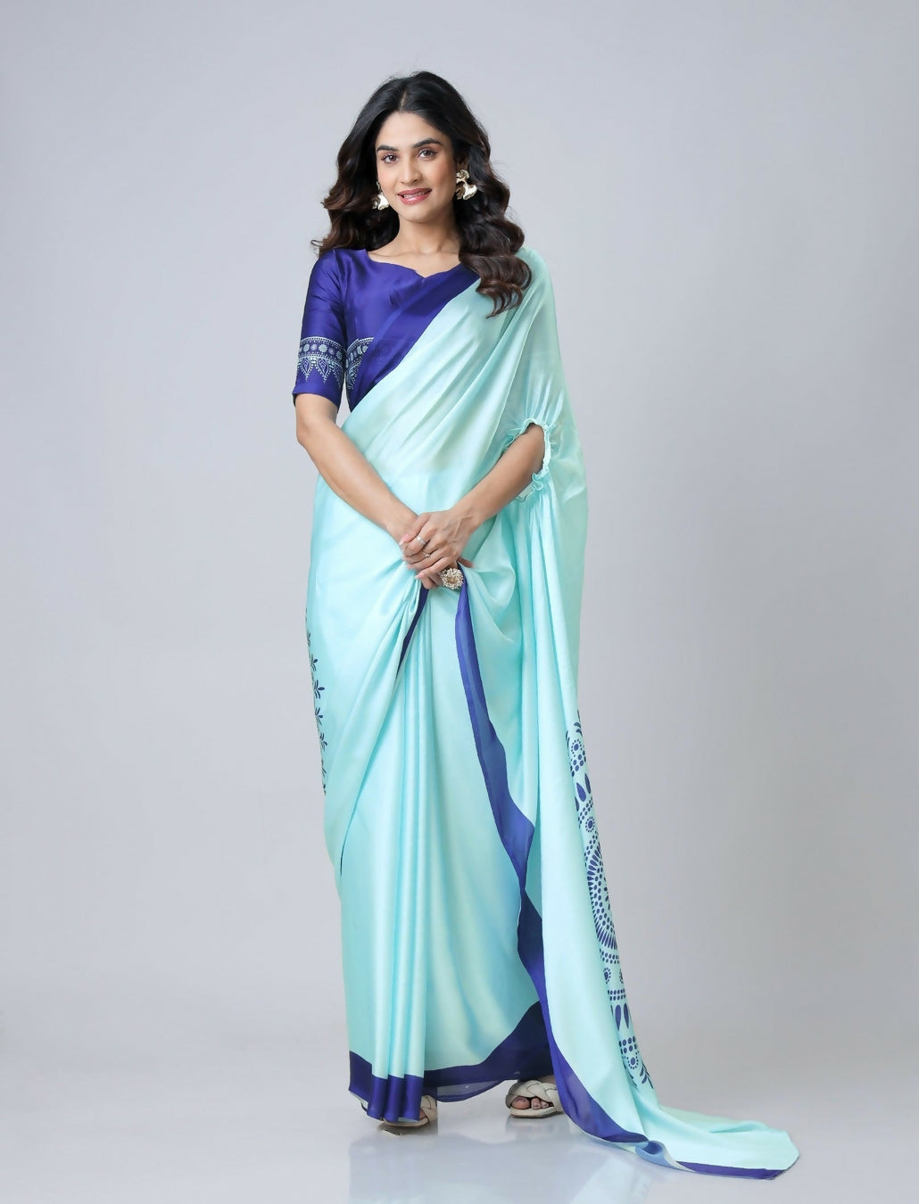 Vastranavya Sky Blue Mandala Print Free Hand Ready to Wear Saree | Swadesiicart