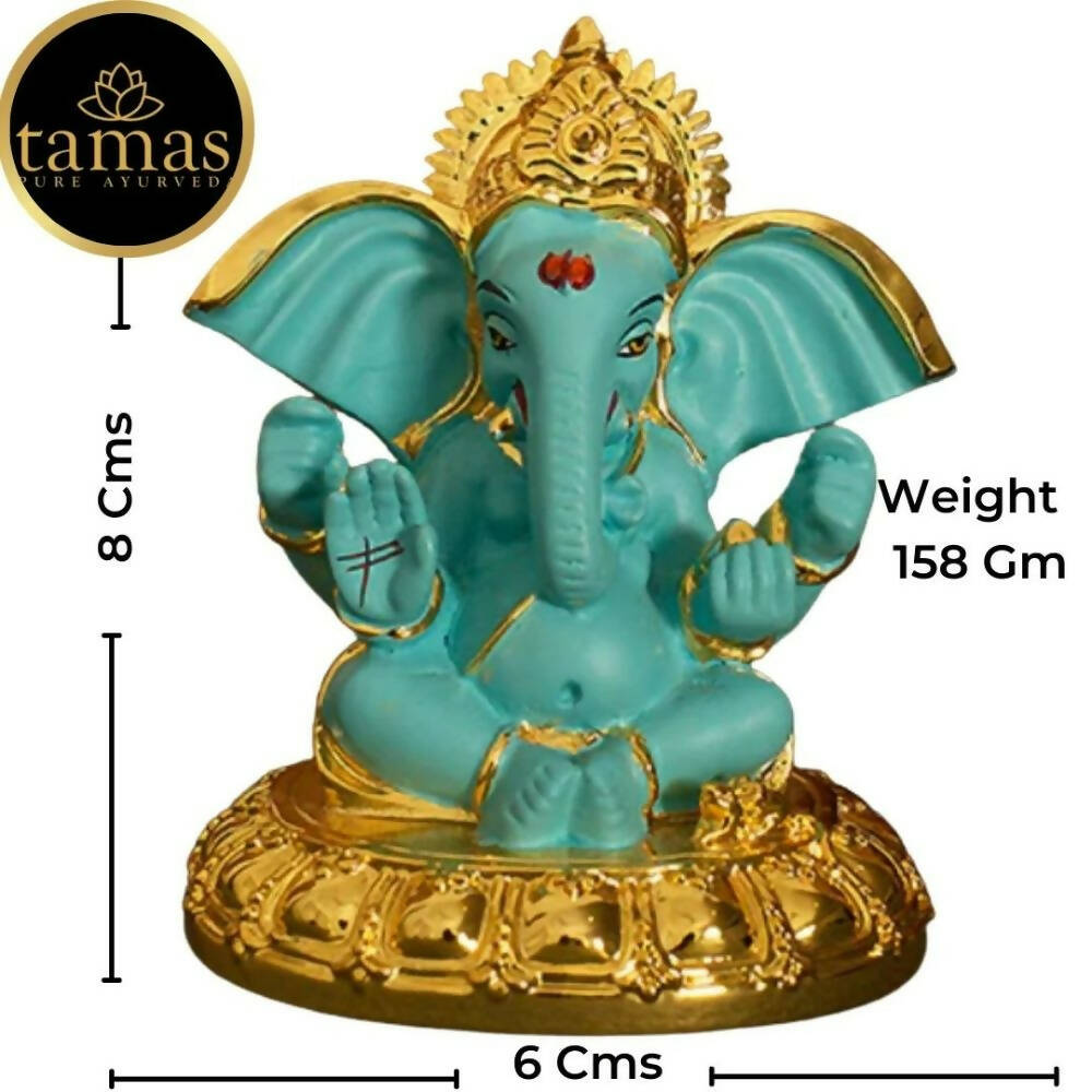 Tamas Gold-Polished Gaj Karna Ganesh Idol Flora Blue & Gold Color - Swadesiicart