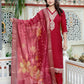 Miravan Women's Embroidered Pure Silk Red Kurta with Palazzo and Dupatta - Swadesiicart