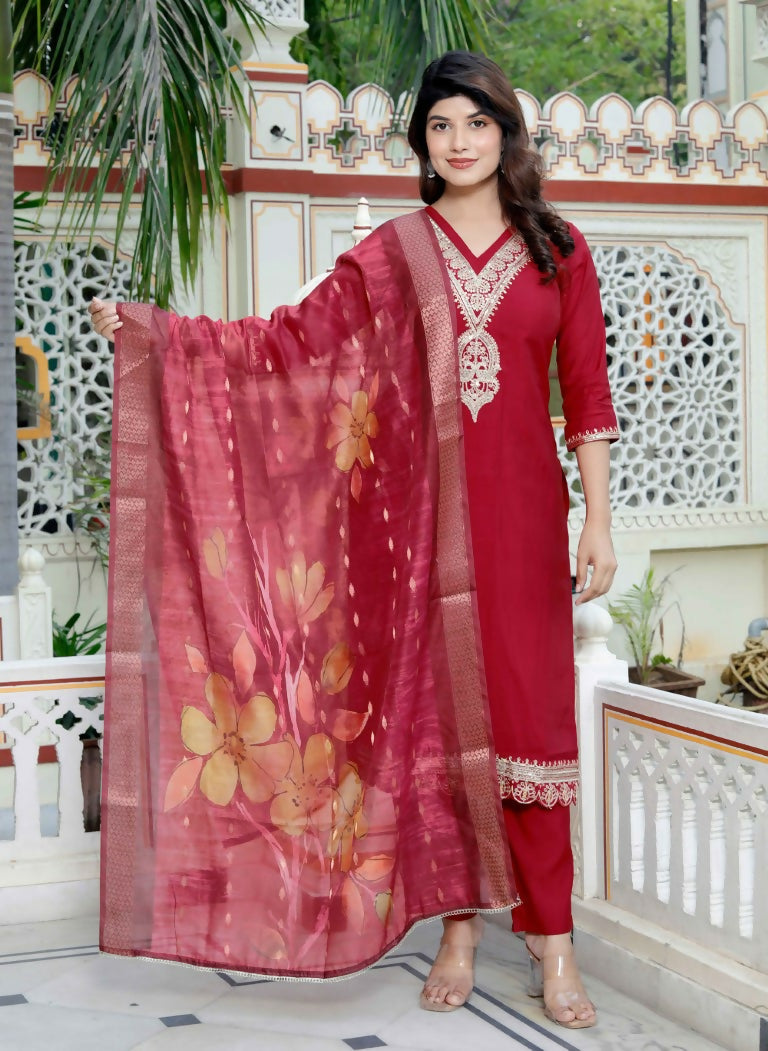 Miravan Women's Embroidered Pure Silk Red Kurta with Palazzo and Dupatta - Swadesiicart