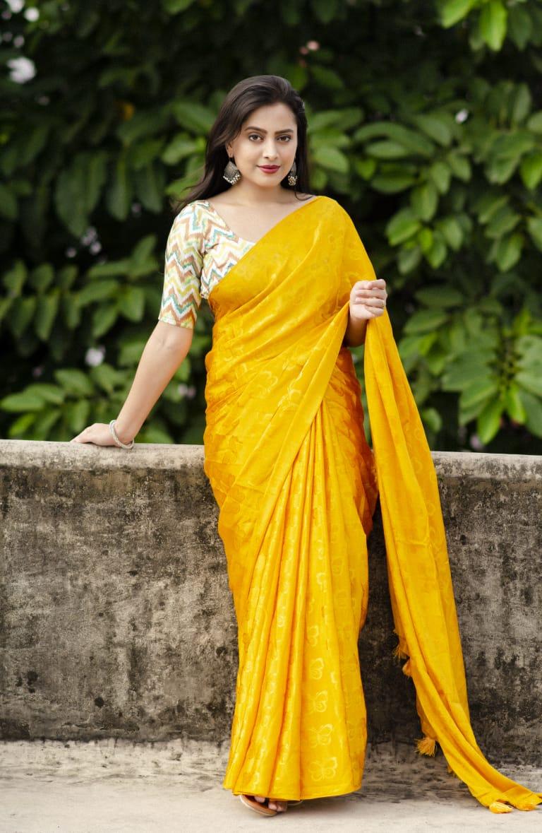Mustard Silk Blend Ethnic Motifs Saree with Unstitched Blouse - Hiral Fashion | Swadesiicart