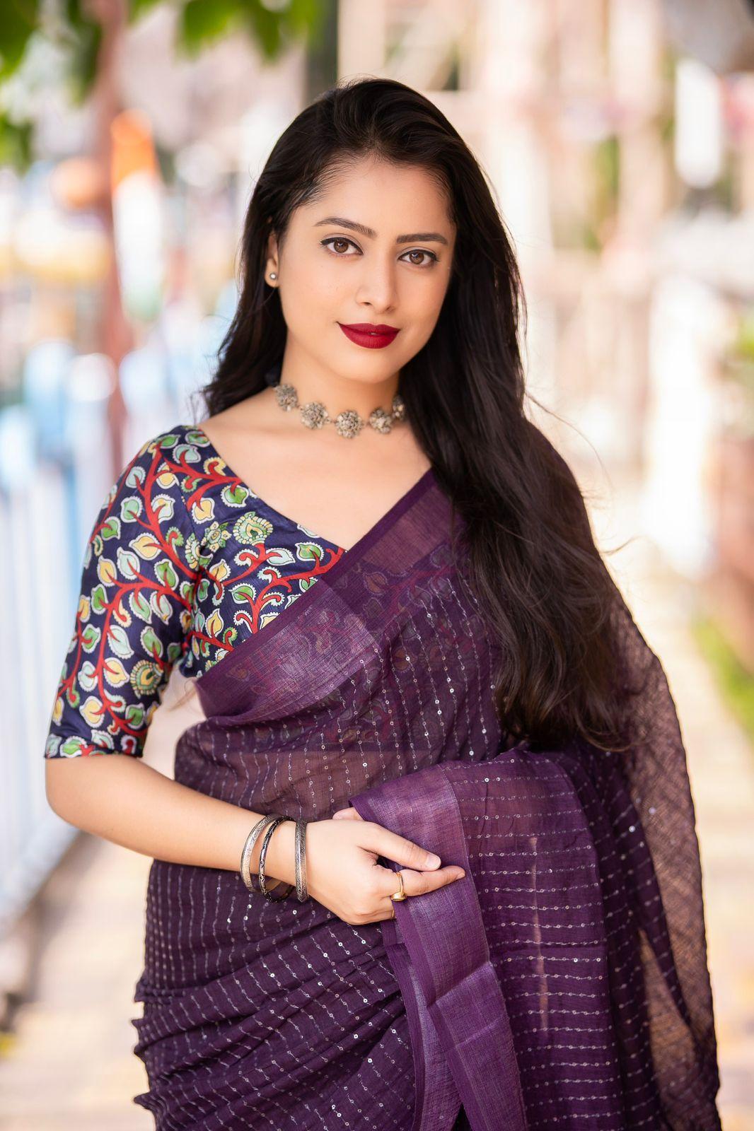 Purple Linen Sequence Saree with Unstitched Blouse - Hiral Fashion | Swadesiicart