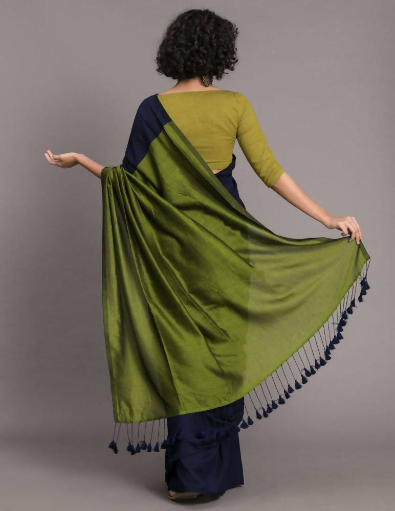 Suta Blue Green Colourblocked Cotton Blend Saree | Swadesiicart