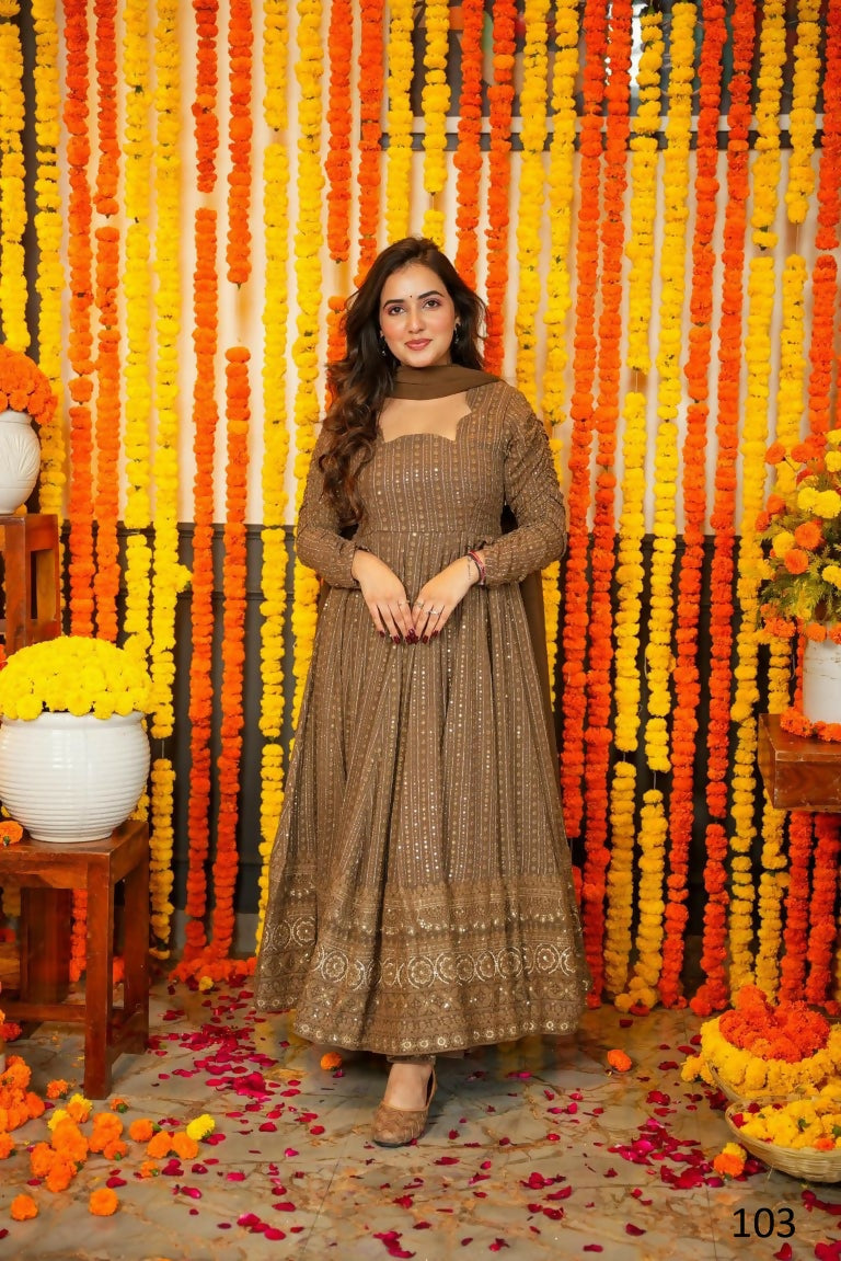 Jyoti Fashion Women's Brown Faux Georgette Zari Embroidery with Sequence Anarkali Dress with Dupatta | Swadesiicart