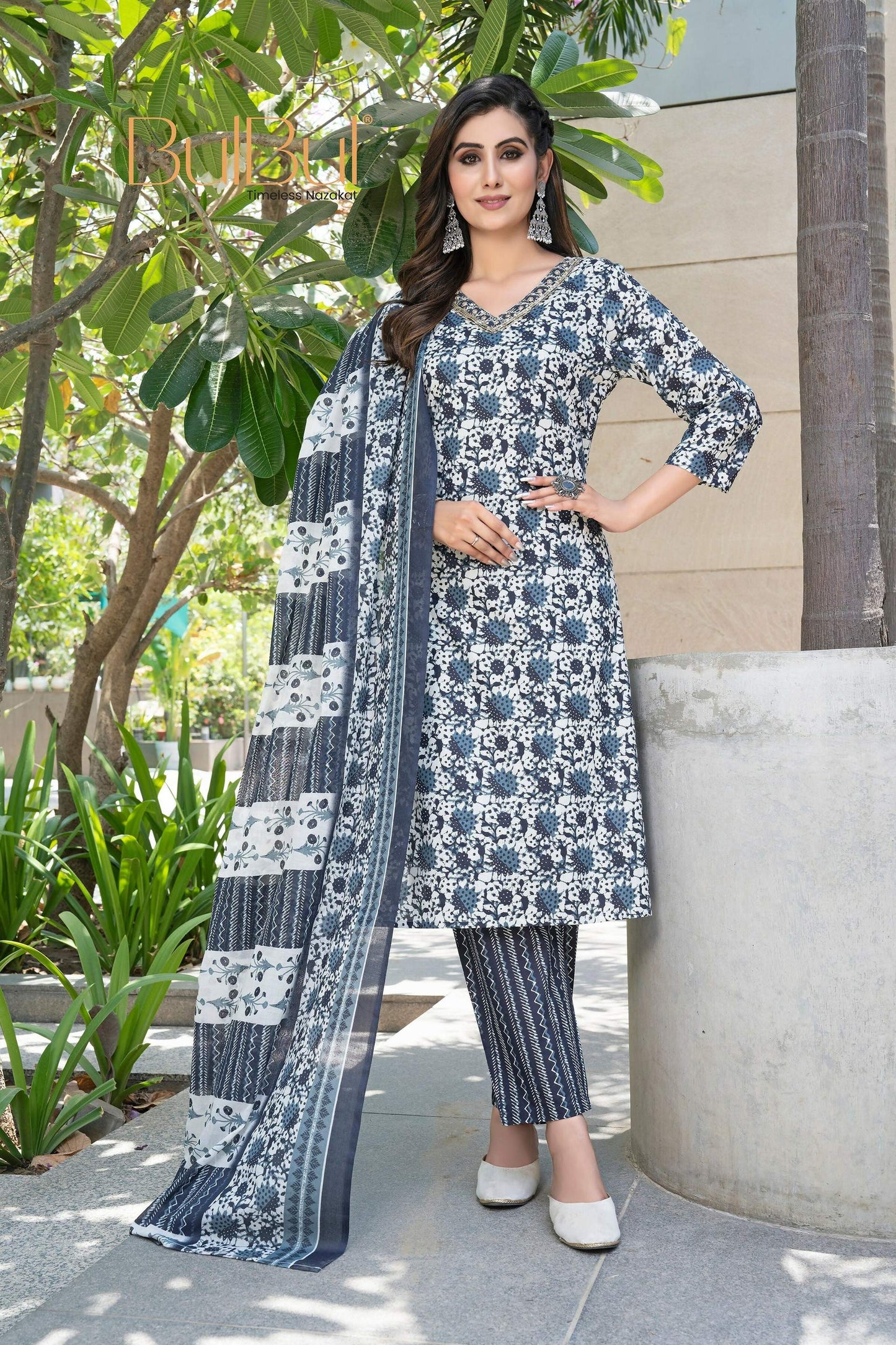 BulBul Fashionista Navy Cotton Kurta Set with Dupatta - Swadesiicart