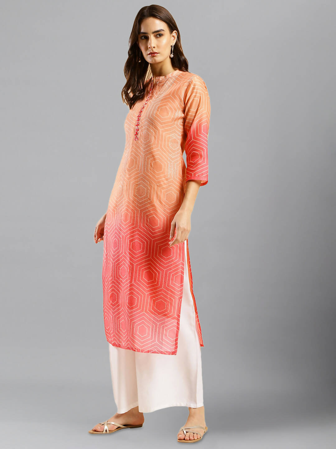 Peach Chinon Digital Printed With Hand Work Kurta - Himanshi - Swadesiicart
