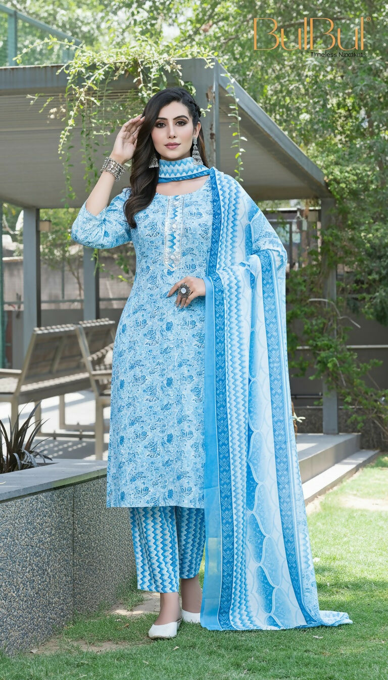 BulBul Fashionista Blue Cotton Kurta Set with Dupatta - Swadesiicart