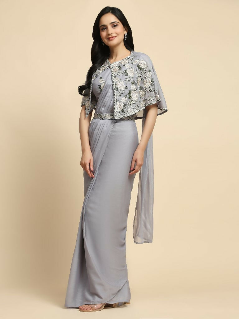 Grey Chiffon Solid Ready to wear Saree with stitched Blouse - Aayan | Swadesiicart