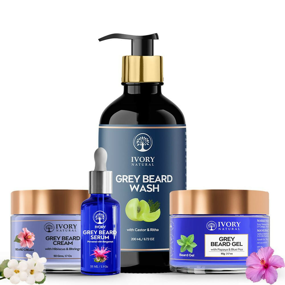 Ivory Natural Grey Beard Combo (Serum, Cream, Wash & Gel) Restore Your Silver Beard To Natural Color | Swadesiicart