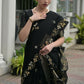 Vishnu Weaves Women's Black Linen Silk Zari Weaving Saree with Blouse - Swadesiicart