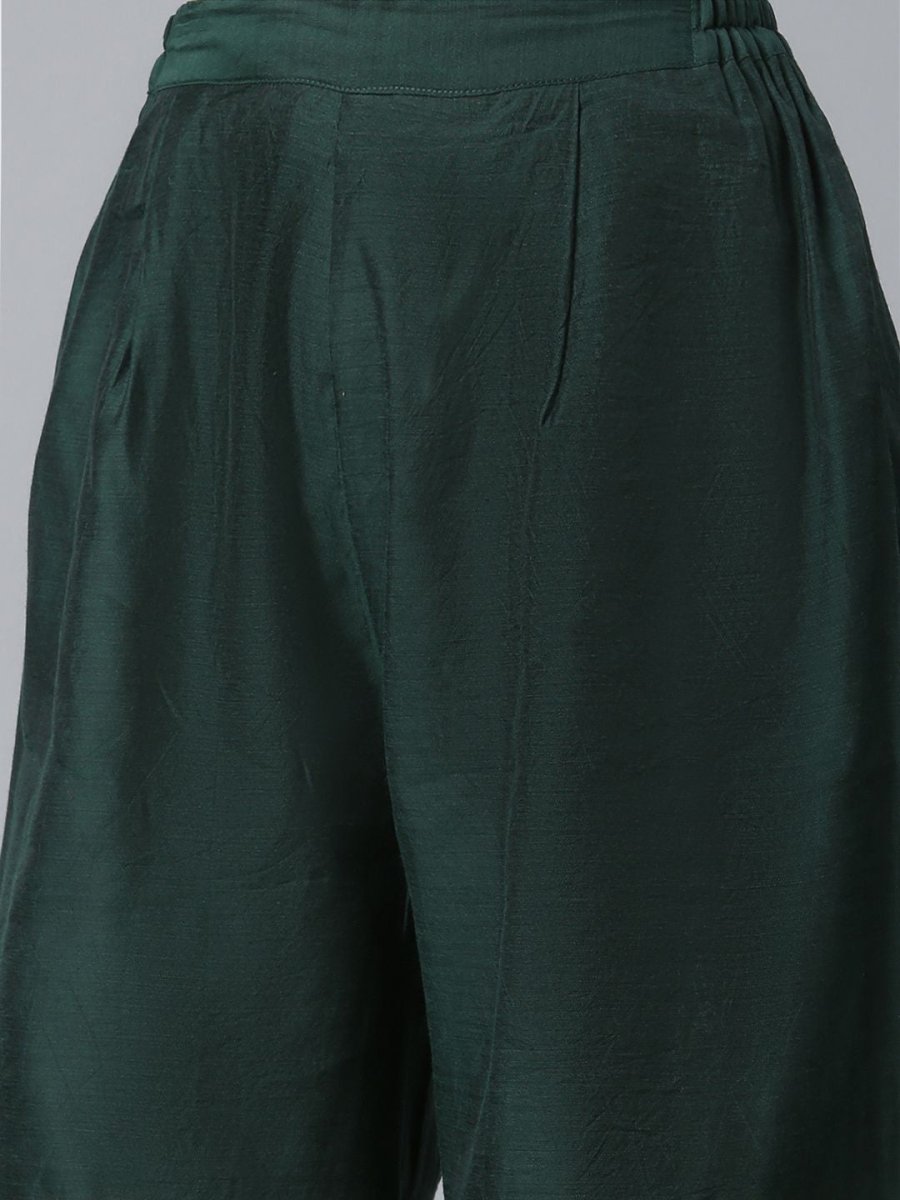 Ahalyaa Dark Green Chanderi Solid Kurta With Palazzo And Dupatta Set | Swadesiicart