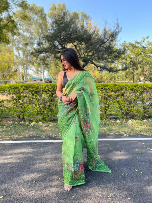 Vamsee Green Organza Saree - Swadesiicart