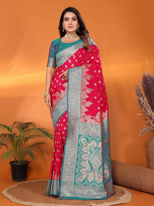 Joban Fashion Banarasi Hot Pink Woven Soft Silk Saree | Swadesiicart
