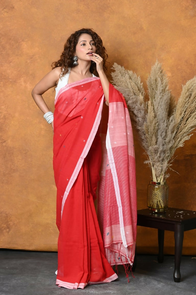 Very Much Indian Pure Cotton Handloom Saree with Buttis & Sleek Border - Red | Swadesiicart