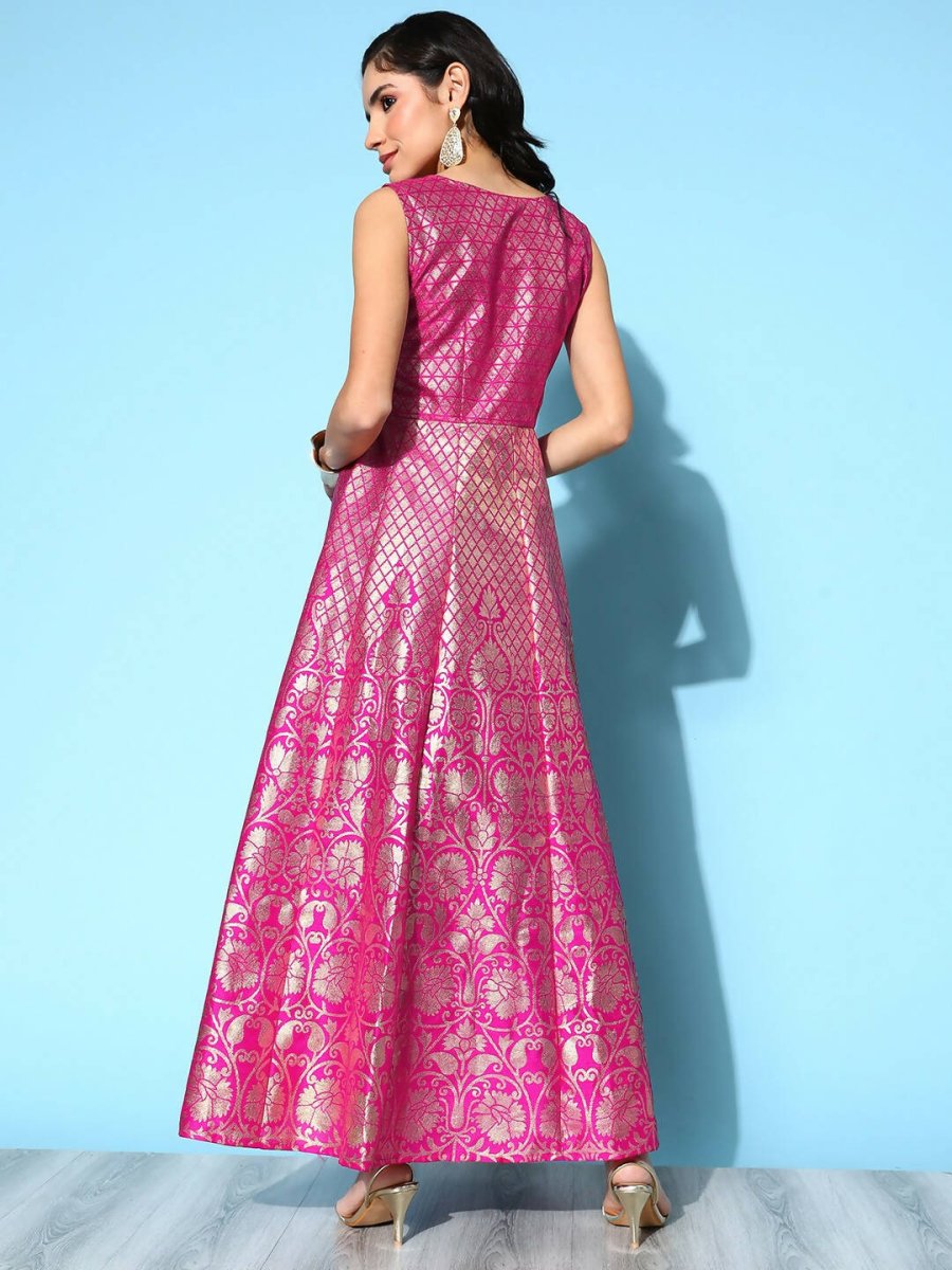 Ahalyaa Women Pink Poly Silk Gold Printed Dress | Swadesiicart