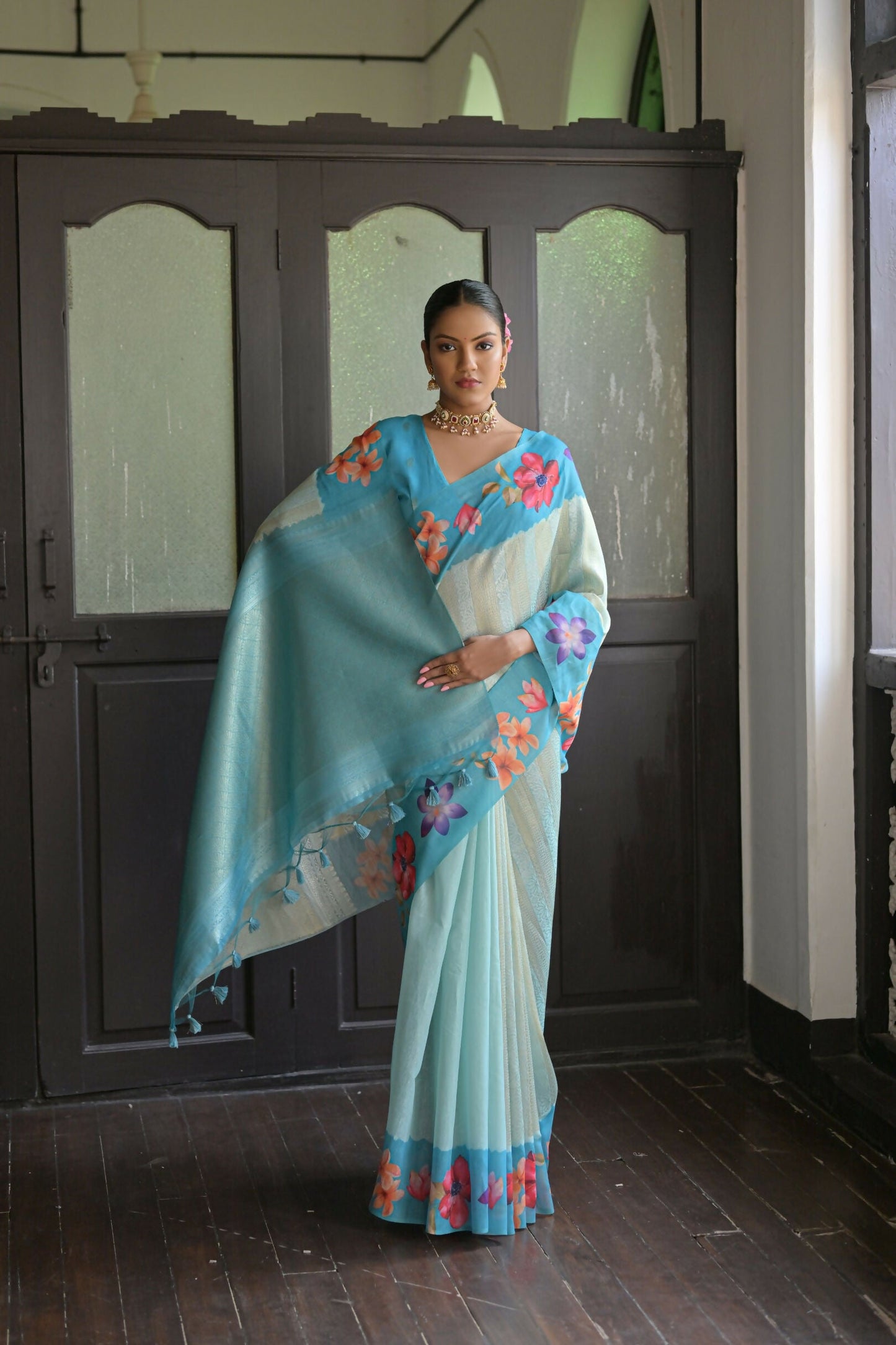 Vishnu Weaves Women's Firozi banarasi Silk Saree with Blouse - Swadesiicart