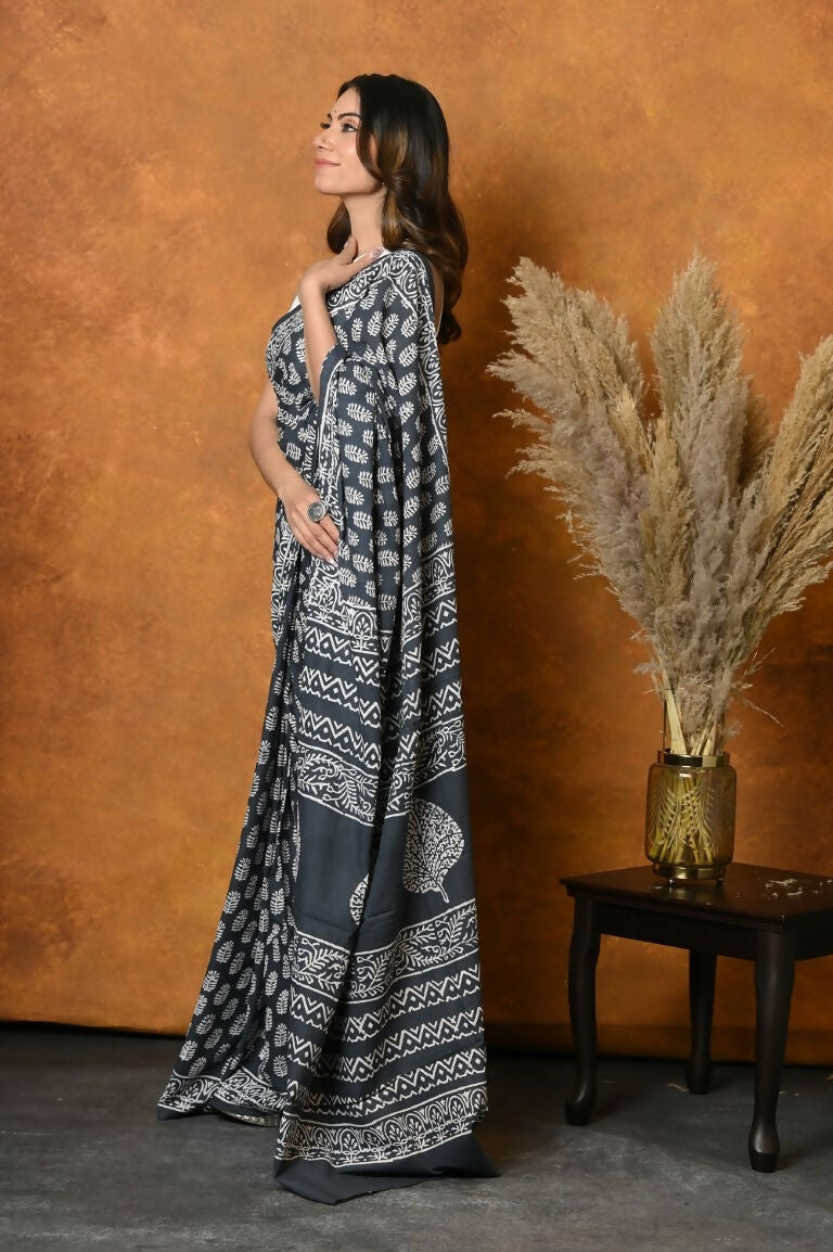 Very Much Indian Handblock Printed Cotton Saree With Natural Dyes - Black White | Swadesiicart