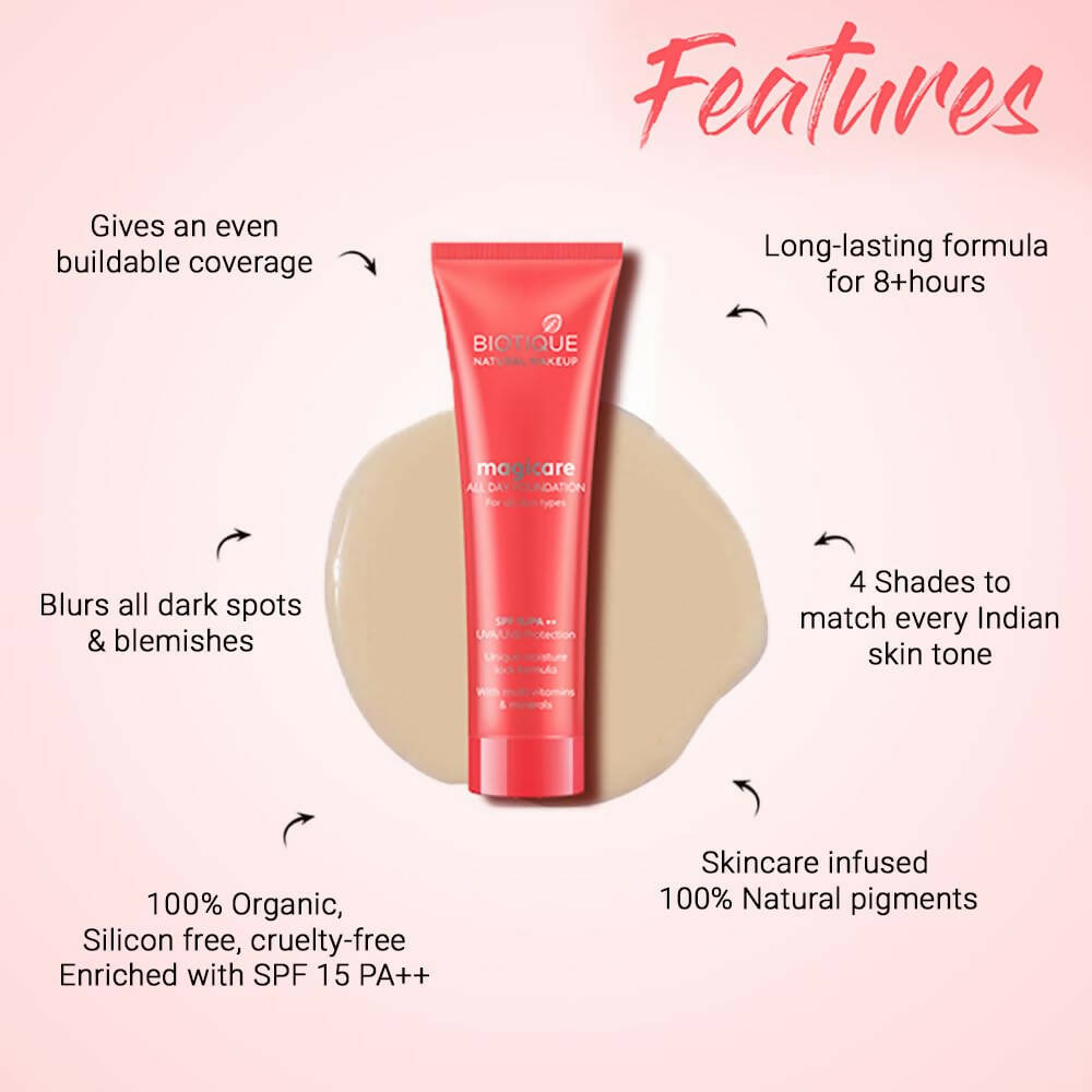 Biotique Natural Makeup Natural Magicare All Day Liquid Foundation - Clay - Swadesiicart