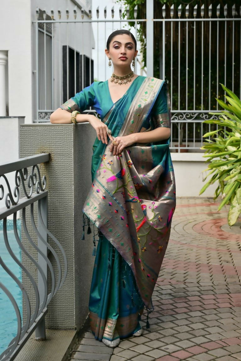 Vishnu Weaves Women's Rama Paithani Silk Zari Woven Saree with Blouse - Swadesiicart