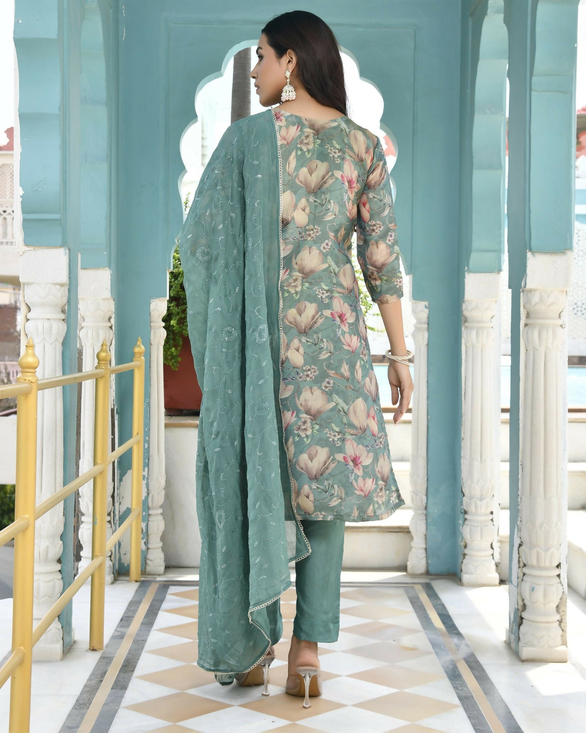 Vaasva Women's Teal Tissue Embroidered Suit Set With Solid Pant And Embroidered Dupatta | Swadesiicart