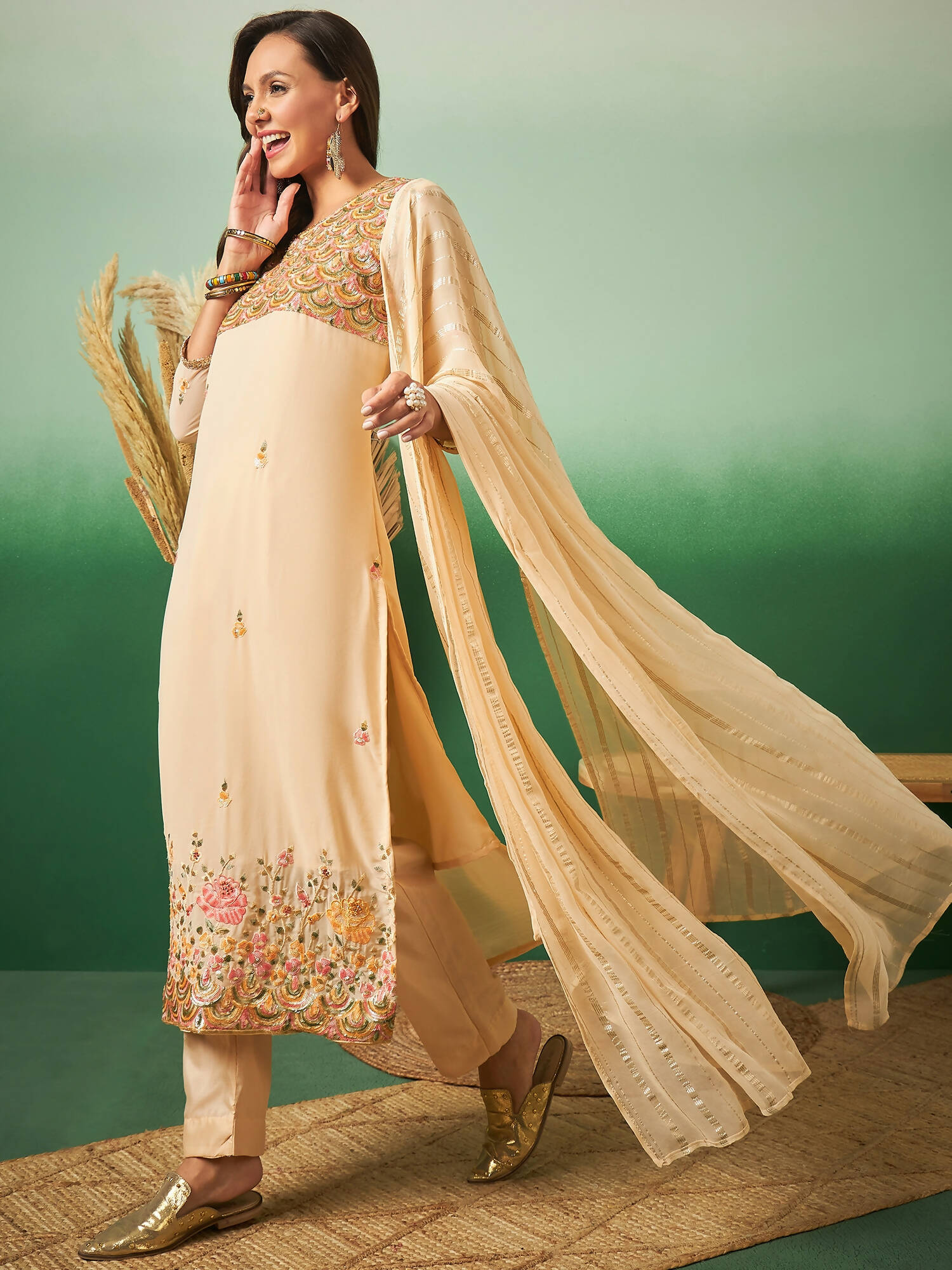 Light Orange Georgette Handwork Unstitched Dress Material - Hanika | Swadesiicart