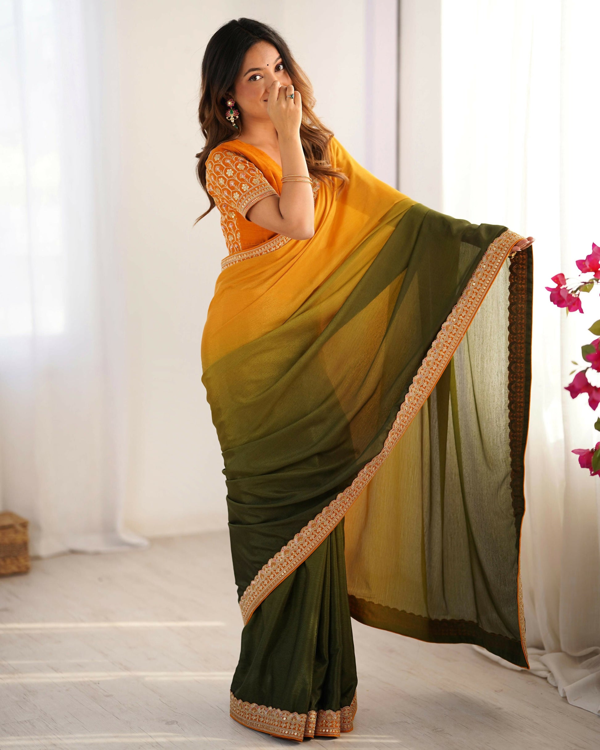 Exclusive Collection Yellow Green Party Wear Chinon Salk Saree - Swadesiicart