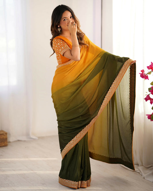 Exclusive Collection Yellow Green Party Wear Chinon Salk Saree - Swadesiicart