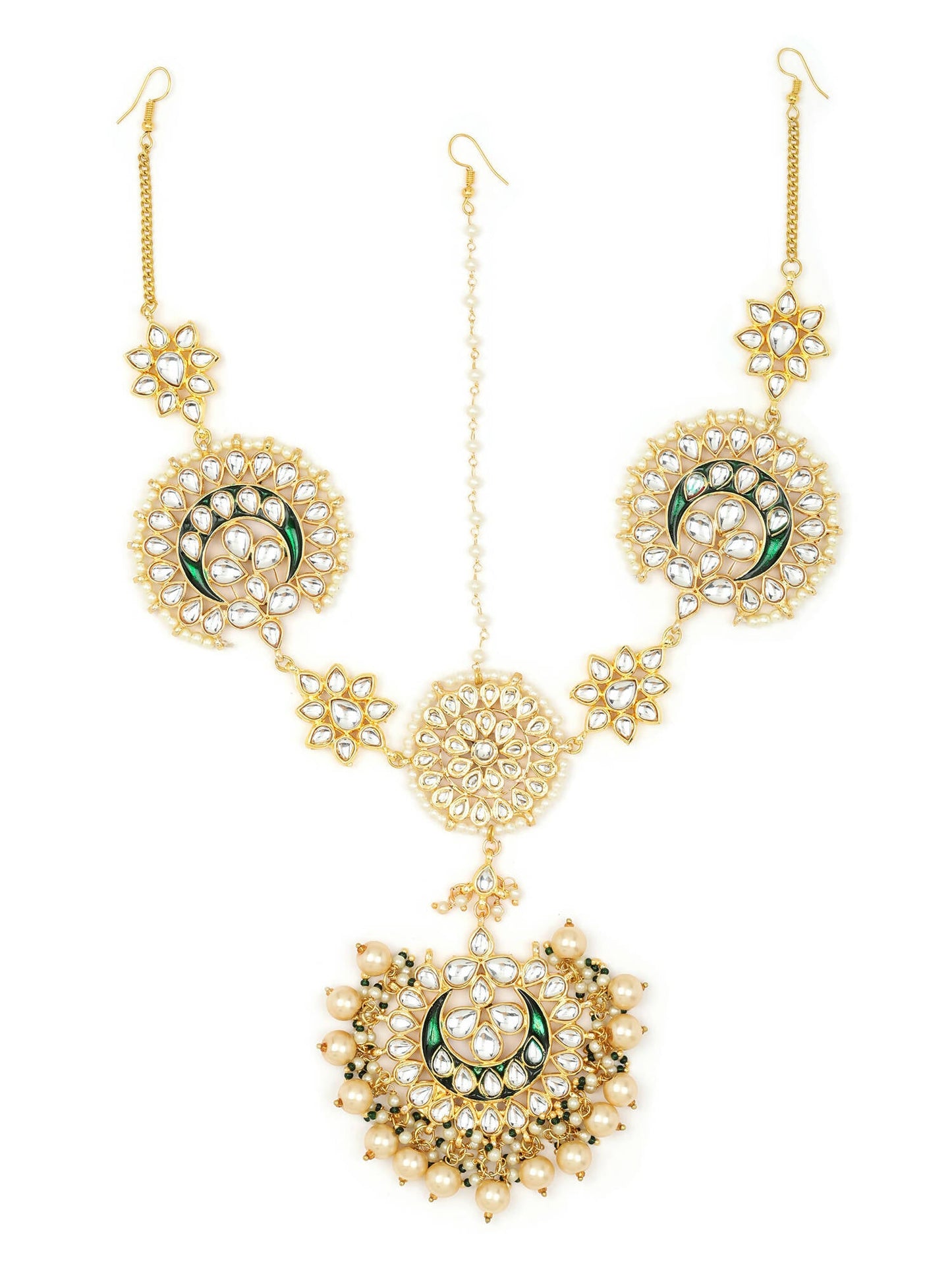 Gold-Polished White Kundan-Studded Pearl Beaded Matha Patti - Ruby Raang | Swadesiicart