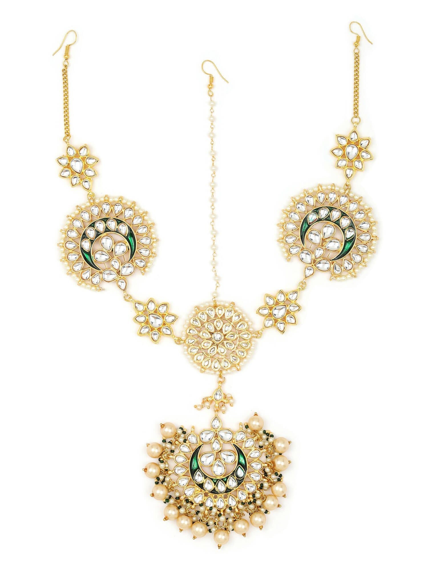 Gold-Polished White Kundan-Studded Pearl Beaded Matha Patti - Ruby Raang | Swadesiicart
