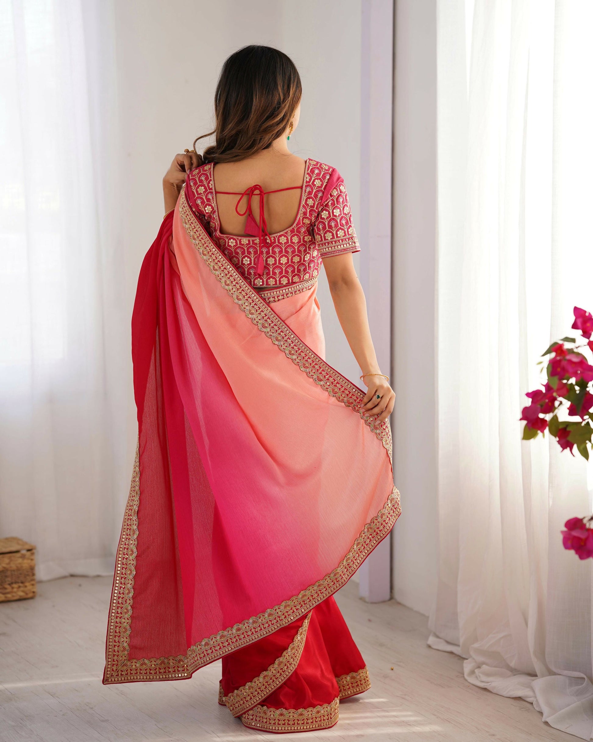 Exclusive Collection Red Pink Party Wear Chinon Salk Saree - Swadesiicart